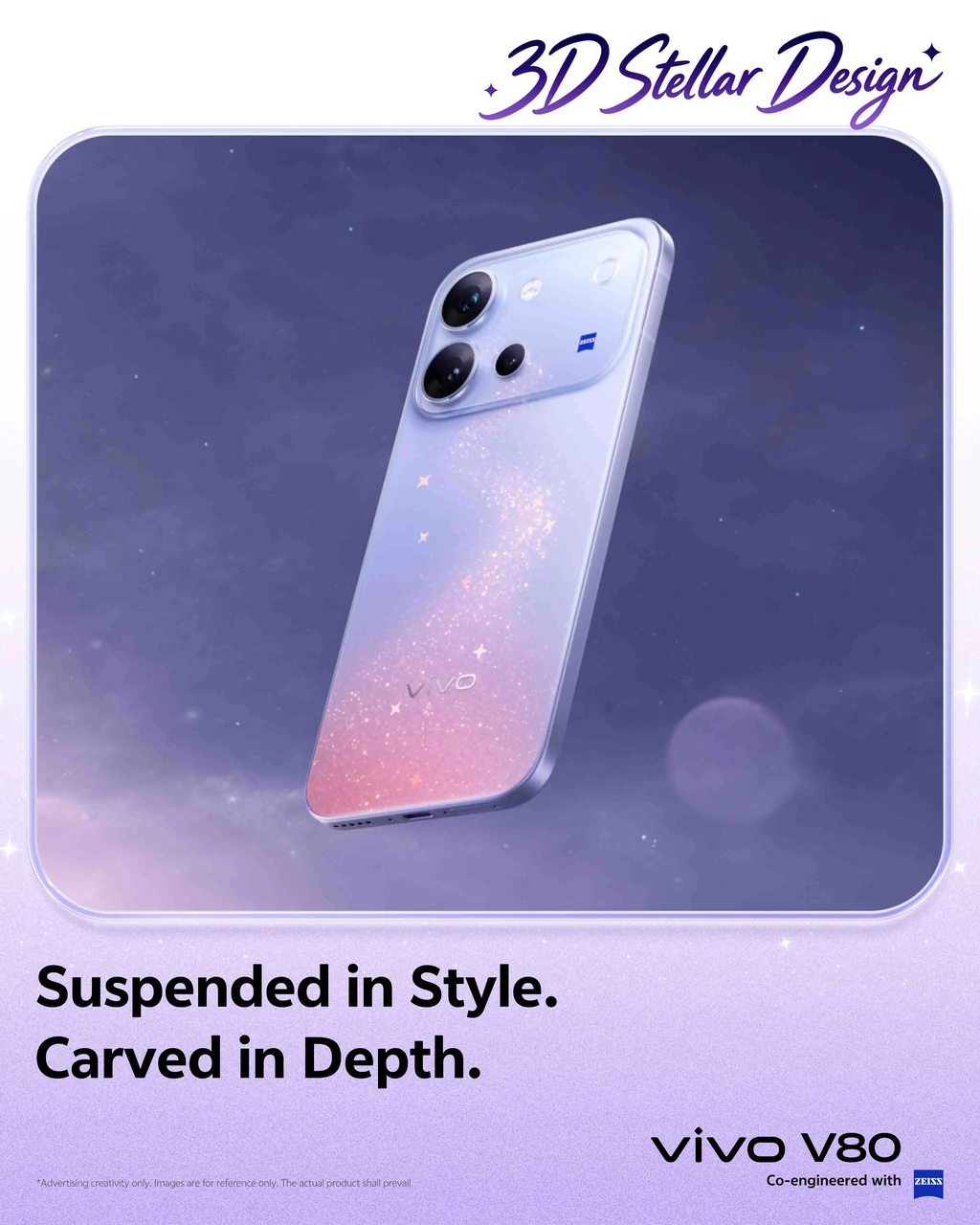 vivo V80 smartphone displaying its reflective Starwish Purple finish in various lighting conditions