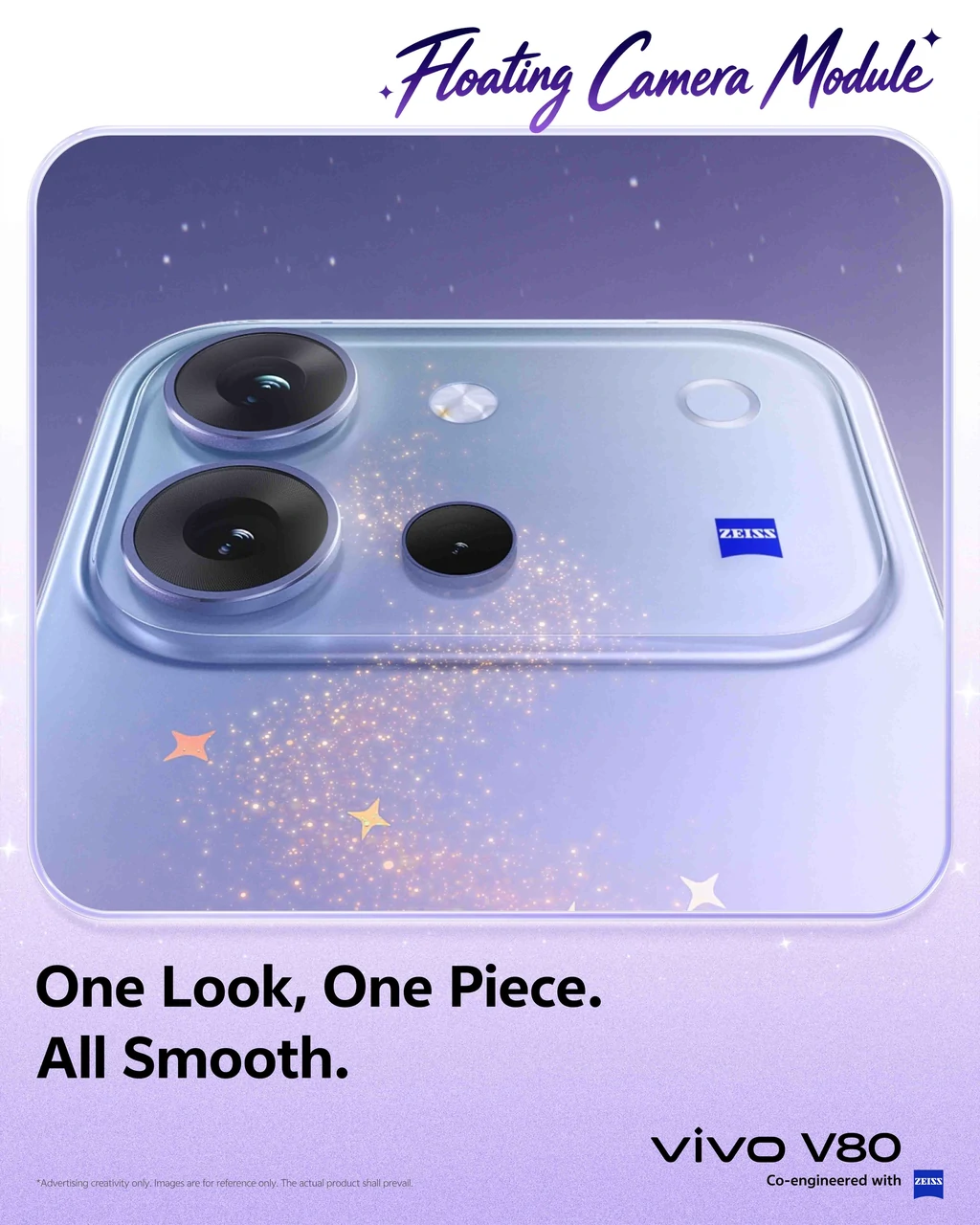 Close-up view of vivo V80's cold-carved glass build and floating camera module in Starwish Purple